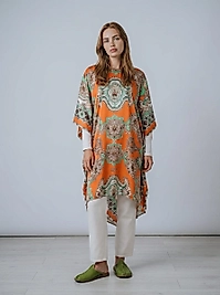 İpek Saten Bohem Desenli Oversize Kadın Kimono – Turuncu