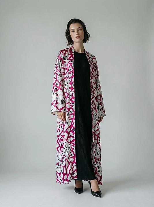 Bohem Desenli Uzun Kadın Abaya – Fuşya Detaylı