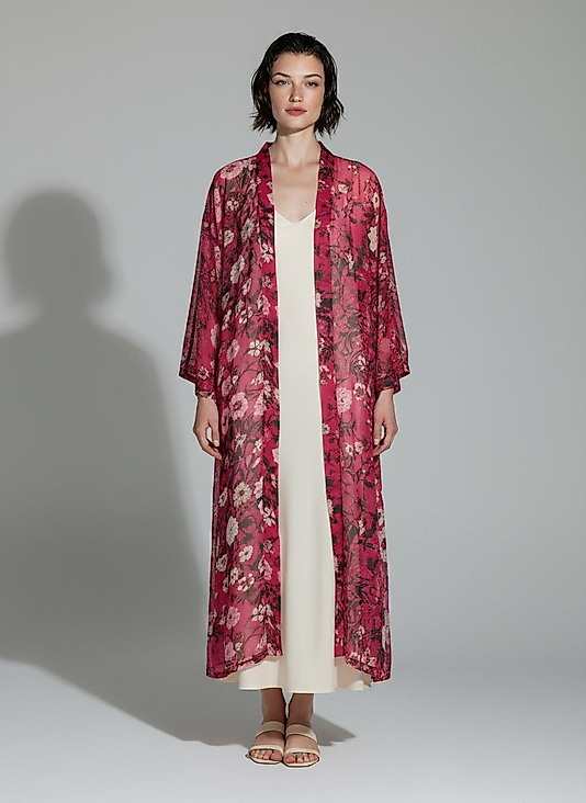 Pembe Desenli İthal Şifon Kimono – Fitilli Doku