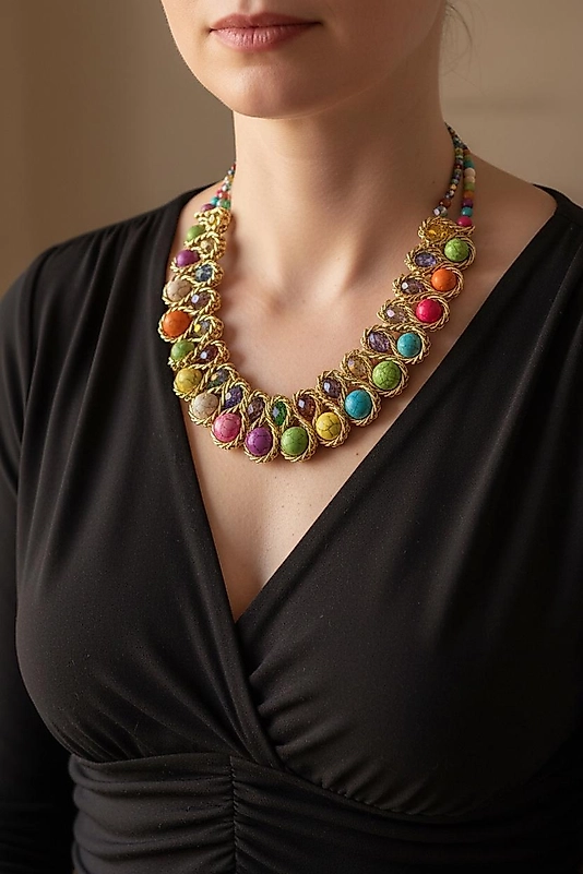 Renkli Taşlı Gold Kadın Kolye