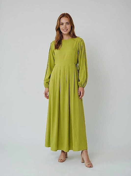 Fıstık Yeşili Yandan Bağlamalı Uzun Kadın Elbise