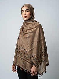 Açık Kahve Nakış Detaylı Püsküllü Kadın Şal