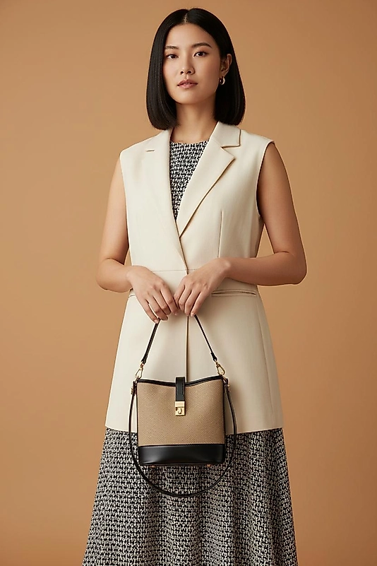 Bej Siyah Detaylı Şık Omuz Çantası – Günlük ve Klasik Kadın Çanta