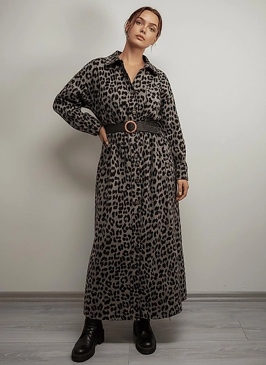 Lea Gri Leopar Desenli Kemerli Elbise