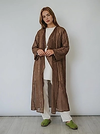 Toprak Tonlu Desenli Akışkan Kesim Uzun Kadın Kimono