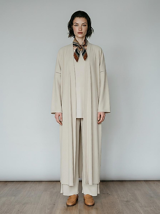 Bej Fitilli Uzun Kimono – Rahat Kesim
