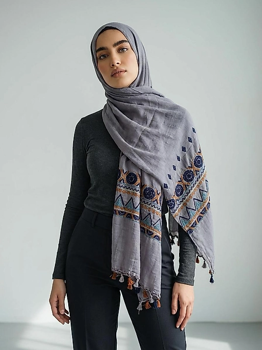 Lila Etnik Desenli Püskül Detaylı Kadın Şal