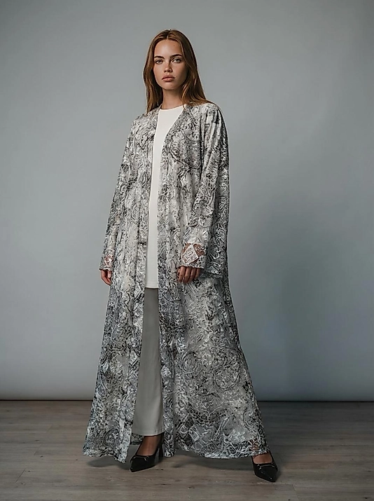 Bohem Desenli Uzun Abaya – Gri Etnik Dokulu