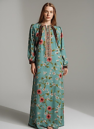 Lina Turkuaz Çiçek Desenli Nakış Detaylı Uzun Kadın Elbise