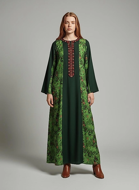 Elara Yeşil Desenli Uzun Kadın Elbise